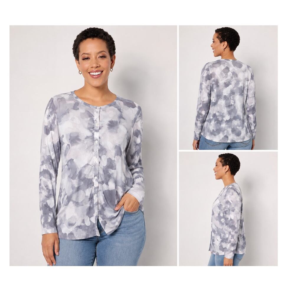 LOGO by Lori Goldstein Gray Abstract Print Button Front Top Blouse XL